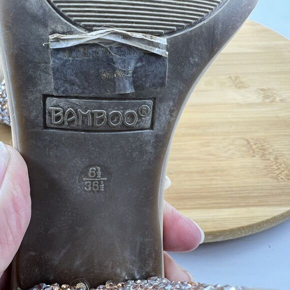 BAMBOO Tan Sandals Size 6.5 Glitter Block Heel Ankle Strap Faux Suede Shoes - Picture 7 of 7